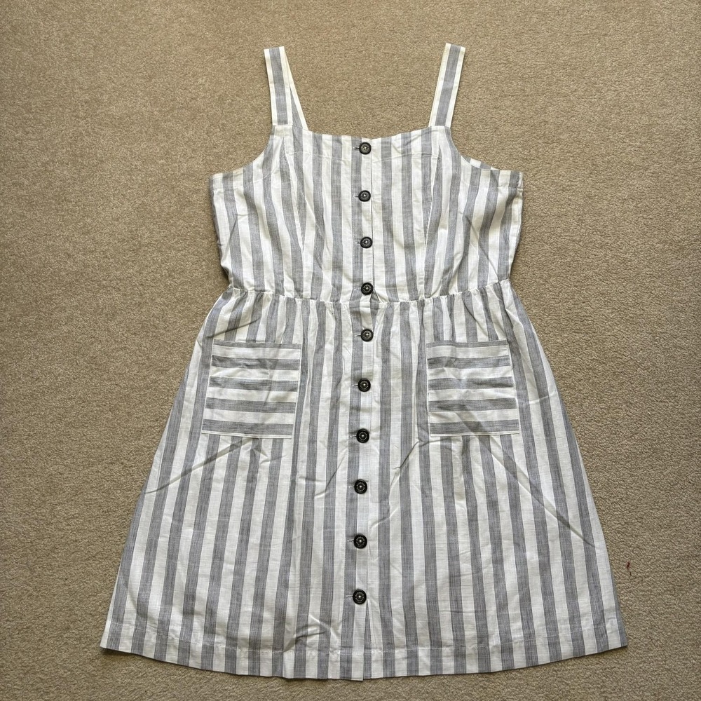 Barbour Dress Womens 12 Gray Striped Linen Button Front Midi Pockets Sundress